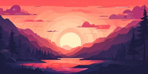 Poster - A beautiful mountain landscape with a large sun in the sky