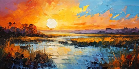 Poster - A painting of a sunset over a lake with a sun in the sky