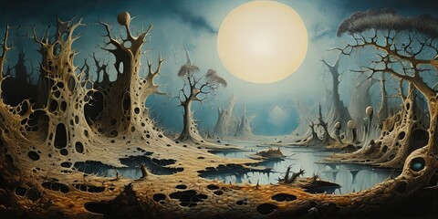Poster - A painting of a forest with a large yellow sun in the sky