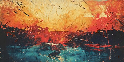 Poster - A painting of a beach with a red sky and a blue ocean