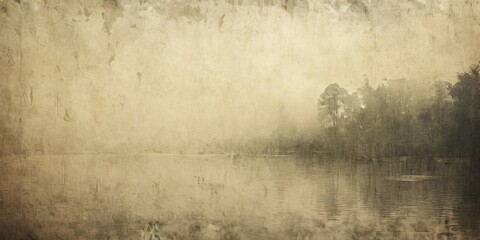 Poster - A blurry, foggy landscape with a body of water and trees in the background