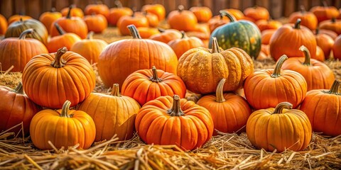 Wall Mural - A Bountiful Harvest of Pumpkins Nestled in a Bed of Straw, Their Vibrant Orange Hues Glowing in the Warm Autumn Light