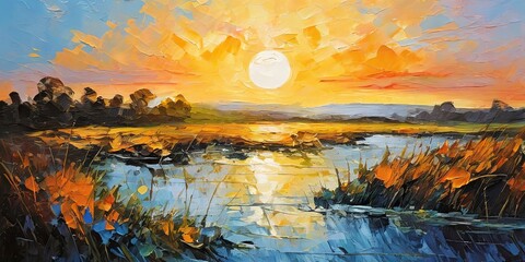 Poster - A painting of a sunset with a large sun in the sky