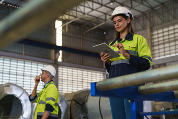 Workers in green uniforms and safety helmets perform quality checks inside a metal sheet factory.