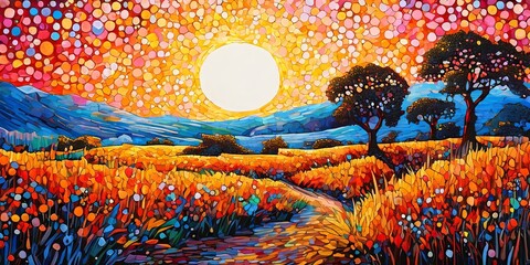 Poster - A painting of a field with a sun in the sky