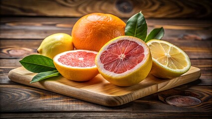 Wall Mural - A Rustic Wooden Table Displayed with Fresh Citrus Fruit, Including Lemons, Grapefruits, and Limes, Capturing a Vibrant Scene of Nature's Bounty