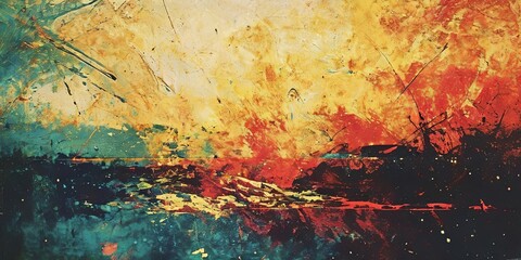 Poster - A painting of a beach with a sunset in the background