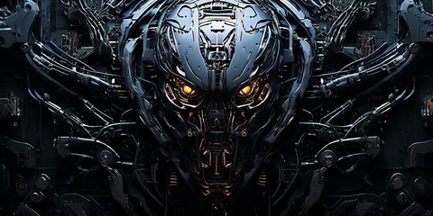 Poster - A close up of a robot head with a yellow eye