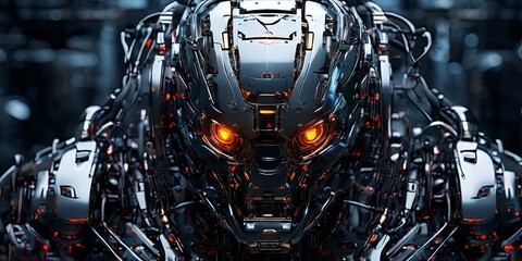 Poster - A robot head with glowing eyes and a metallic appearance