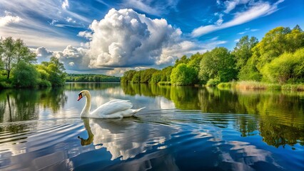 Sticker - A solitary swan glides gracefully through tranquil waters, its white plumage reflecting the azure sky and billowing clouds, as vibrant green trees line the serene shore.