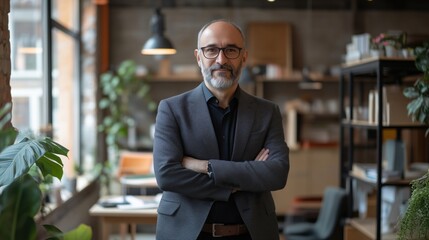 Professional man in modern office setting, arms crossed, confident demeanor