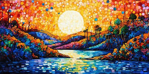Poster - A painting of a sunset with a large sun in the sky