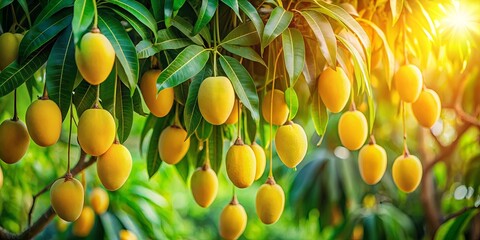 Canvas Print - A vibrant canopy of lush green foliage adorned with clusters of ripe, golden mangoes bathed in the warm glow of sunlight.