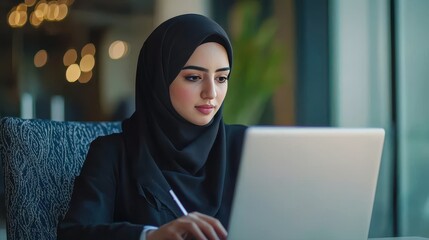 Poster - Young Muslim Woman Working on Laptop in Modern Office