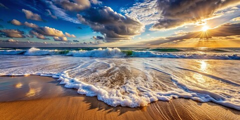 Wall Mural - Golden Sunset Reflecting On The Foamy Waves As They Gently Lap Onto The Sandy Shore