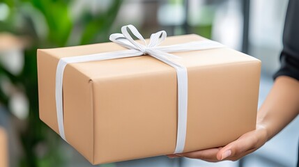 A person holds a neatly wrapped brown package with a ribbon, set against a blurred green background, suggesting a gifting or delivery context.