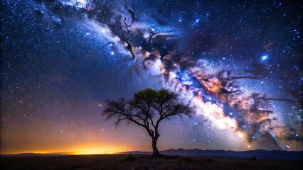 Wall Mural - A solitary tree stands against a vast expanse of twinkling stars, the Milky Way stretching across the sky like a celestial river.