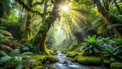 Poster - Sunlight filtering through the canopy of a lush, moss-covered forest, revealing a winding stream that flows through the verdant undergrowth.