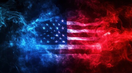 Poster - American flag in smoke, vibrant red and blue colors, abstract design