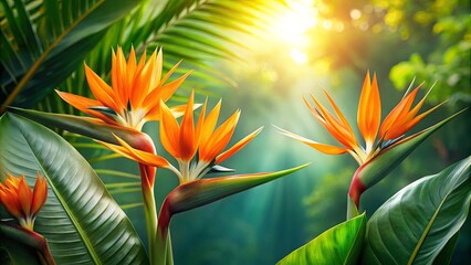 Canvas Print - The sun illuminates vibrant orange bird of paradise flowers amidst lush green foliage, creating a tropical paradise.