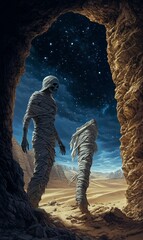 Two mummies in desert cave with starry sky.