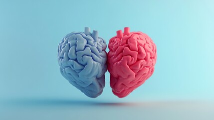 Two 3D models of brains, one blue and one pink, are placed together to form a heart shape, suggesting the connection between the mind and emotion.