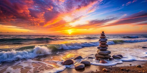 Poster - A Balancing Act of Nature A serene cairn of stones stands against the backdrop of a dramatic sunset, as waves crash gently on the shore, creating a harmonious and peaceful scene.