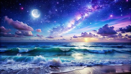 Wall Mural - A crescent moon and a swirling galaxy of stars illuminate the horizon over a calm ocean as the sun dips below the waves