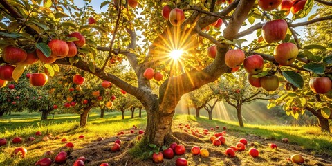 Sticker - Golden Sunlight Filtering Through Abundant Apple Tree Branches, Casting Rays Across a Lush Orchard Floor