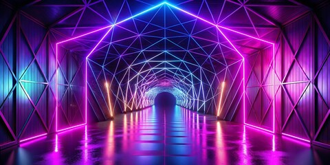 Canvas Print - Neon Geometric Passageway A vibrant journey through a luminescent framework of glowing lines and reflective surfaces.