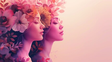 Two women with closed eyes, surrounded by blooming flowers, symbolizing beauty, peace, and harmony.