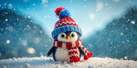 Wall Mural - A Plush Penguin Wearing a Cozy Knit Hat and Scarf Standing in a Snowy Landscape, the Blurry Background Filled with Wintery Whirlwinds and Glowing Lights.