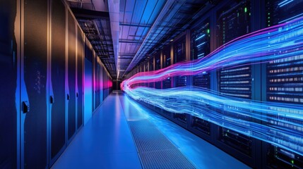 Poster - Data center with vibrant light trails representing data flow