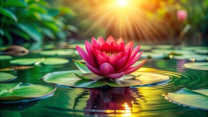 Wall Mural - A vibrant pink water lily blossom gracefully rests upon a lily pad, its delicate petals unfurling in the gentle warmth of the setting sun, its reflection shimmering in the tranquil pond water.