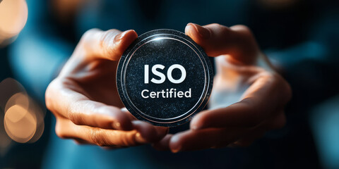 Two hands holding a shiny, official-looking ISO Certified badge in front of a blurred business background.