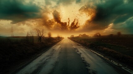 empty road leading towards an apocalyptic sky with birds flying away.