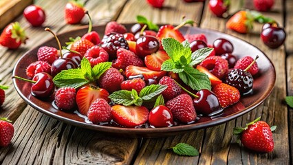 Canvas Print - A vibrant arrangement of summer's bounty, featuring succulent cherries, plump raspberries, and ruby-red strawberries, all nestled amongst fresh mint leaves on a rustic wooden table.