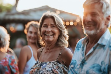 Portrait of a happy senior woman with her friends in the background.