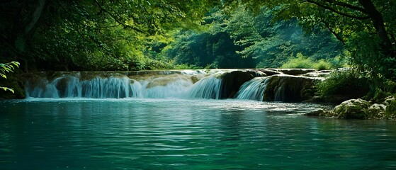 Poster - Tranquil Waterfall Surrounded by Lush Greenery