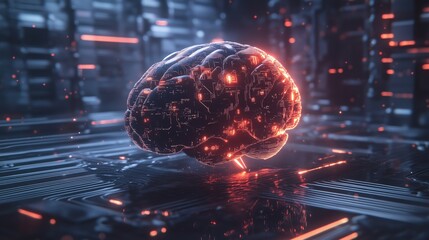 Poster - Futuristic brain with glowing circuits, digital technology, cybernetic design