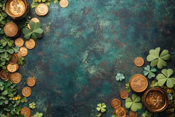 Green background with coins and flowers creating a festive St Patricks Day atmosphere