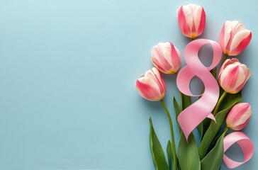 Wall Mural - A bouquet of pink tulips with a ribbon arranged on a light blue background for a special celebration