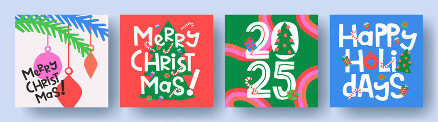 Wall Mural - merry christmas and happy new year greeting card set. modern typography xmas design with beautiful d
