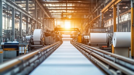 Poster - Industrial manufacturing facility with conveyor belt, machinery, and sunlight