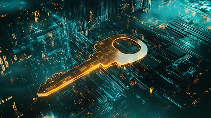 Leinwandbilder - Futuristic digital key in a high-tech environment unlocking the future of security and innovation in the digital age