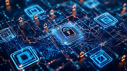 Fototapete - Exploring the future of digital security the role of glowing locks and network symbols in safeguarding information