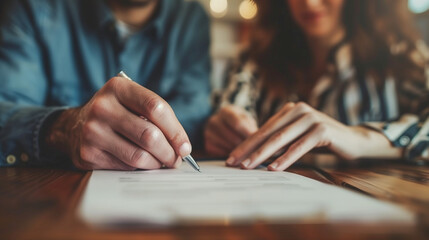 Close-up of a couple signing a document together.