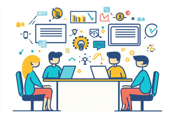 Poster - group of people sitting around a table with laptops and a clock on the wall. concept of collaboratio