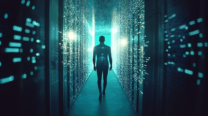Leinwandbilder - Exploring a futuristic digital corridor a silhouette journey through a technological realm of light and data streams