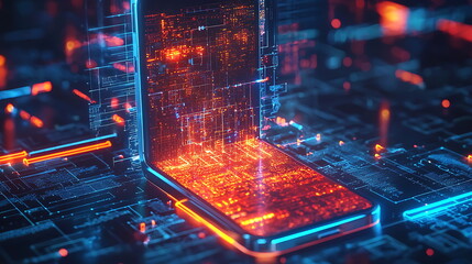 Poster - Exploring the intersection of technology and design a futuristic smartphone amidst a glowing circuit board landscape